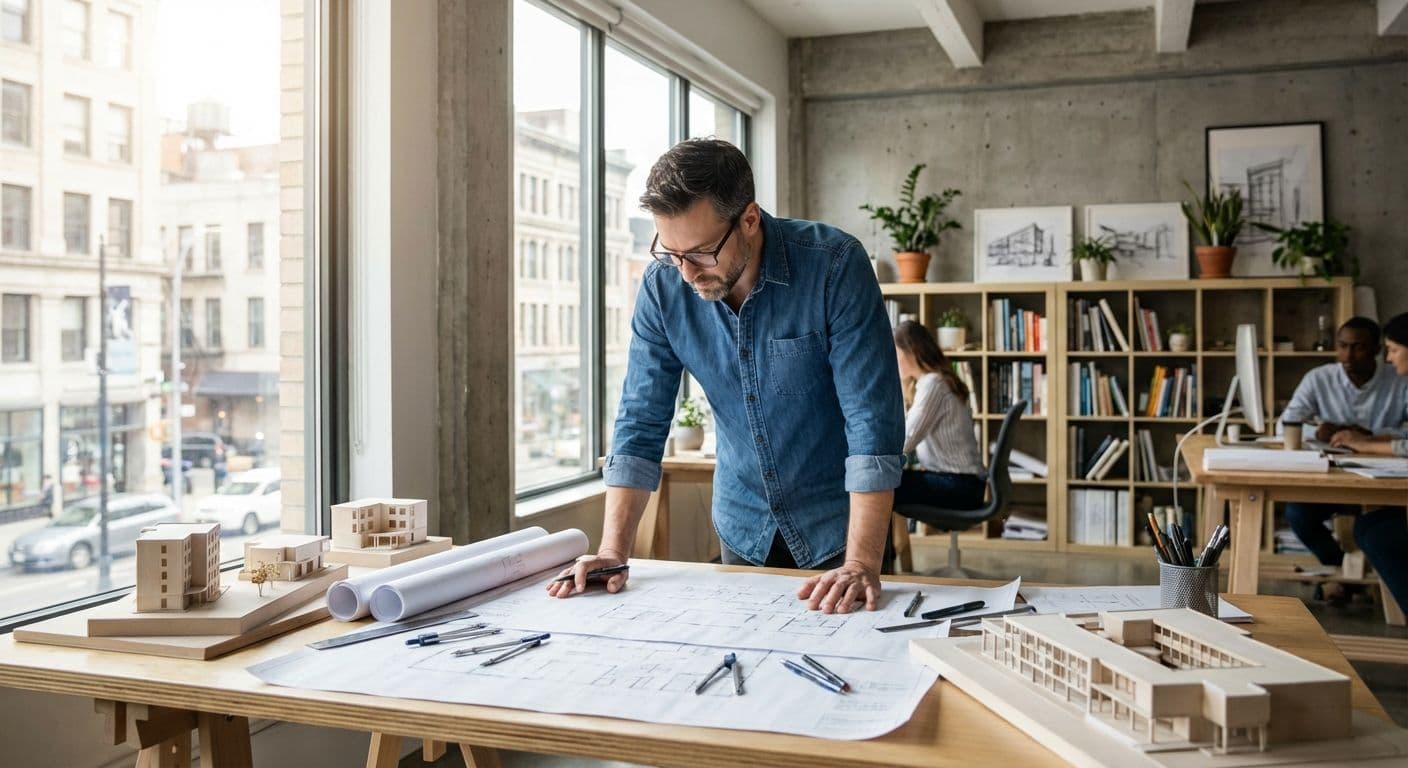 Architect reviewing blueprints