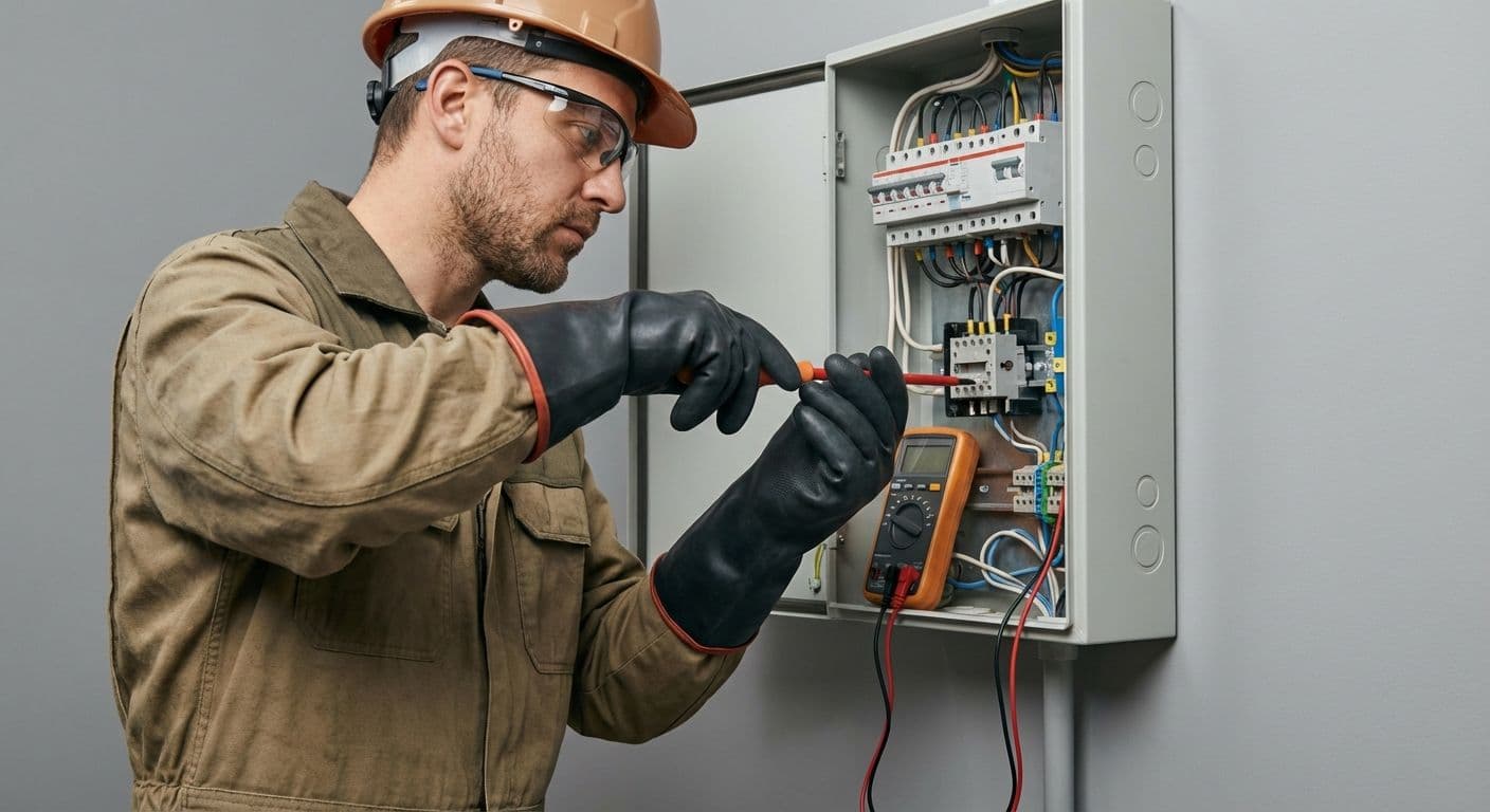 Electrician working on fuse box