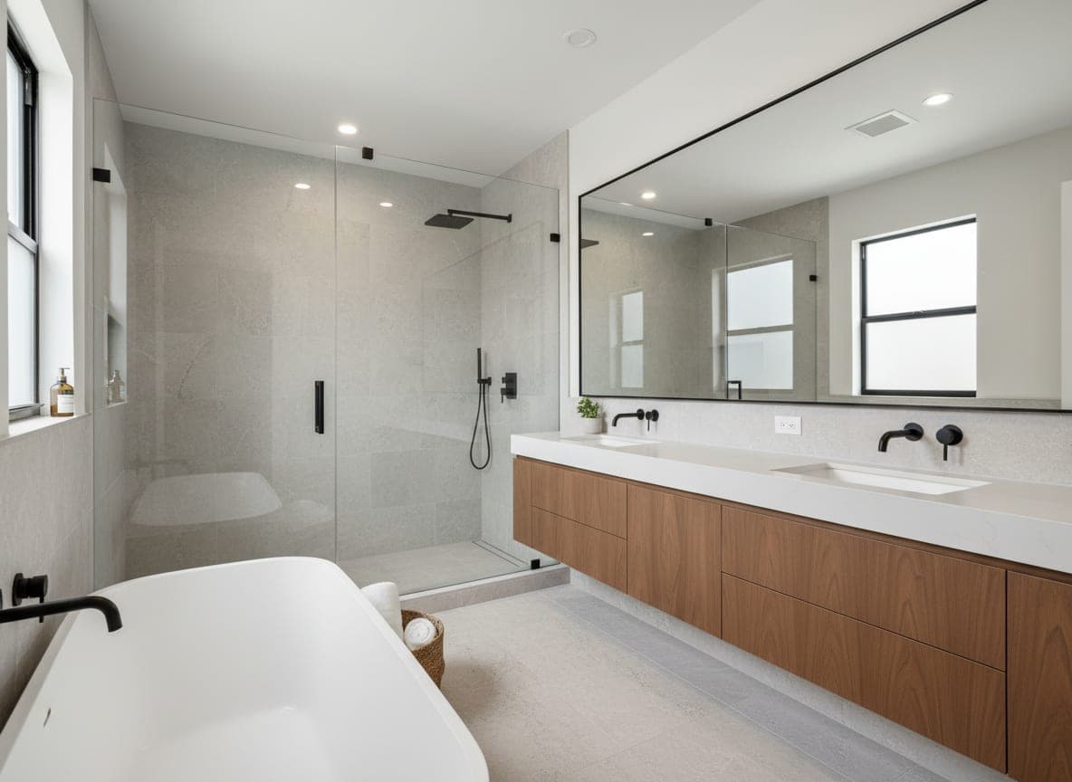 Newly remodeled luxury bathroom with a walk-in glass shower and floating wood vanity