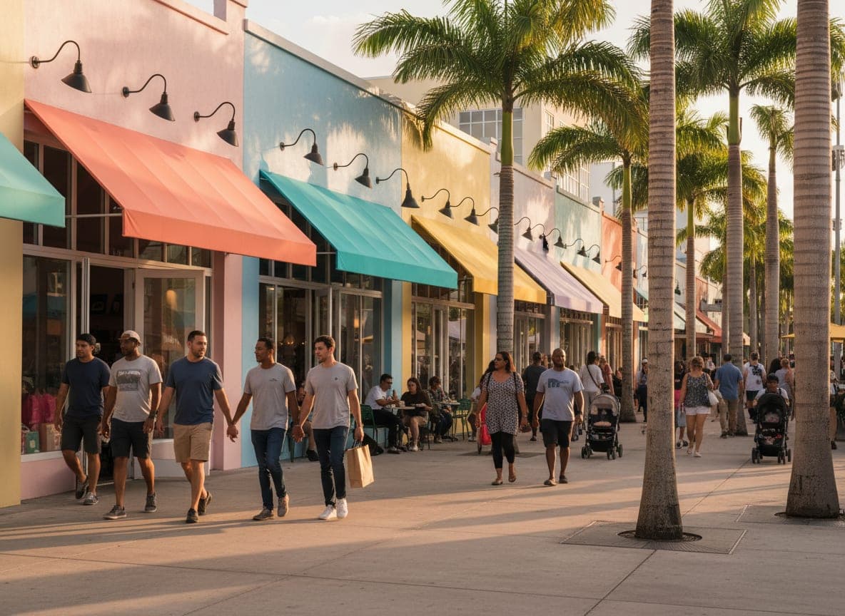 Golden-hour street in a Miami neighborhood lined with palm trees and local storefronts